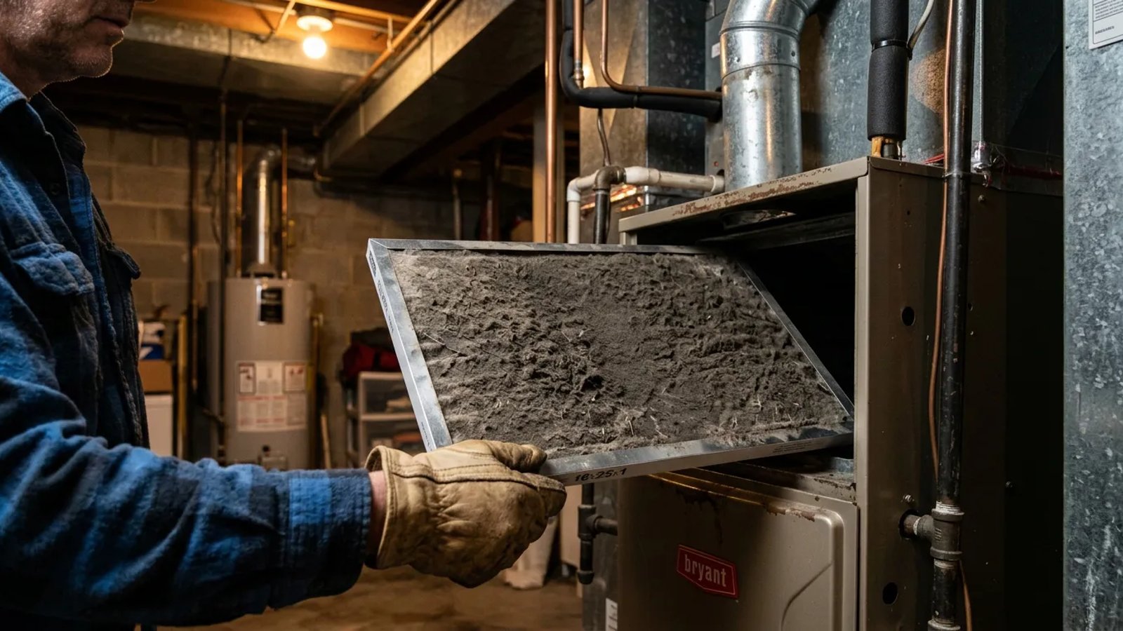 A homeowner pulling a dirty air filter out of a furnace