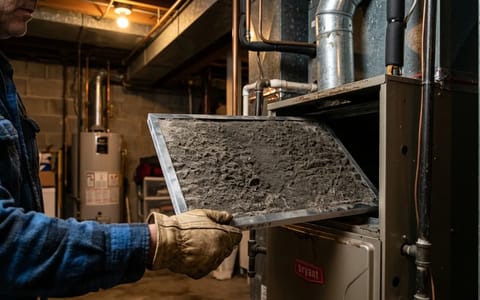 A homeowner pulling a dirty air filter out of a furnace