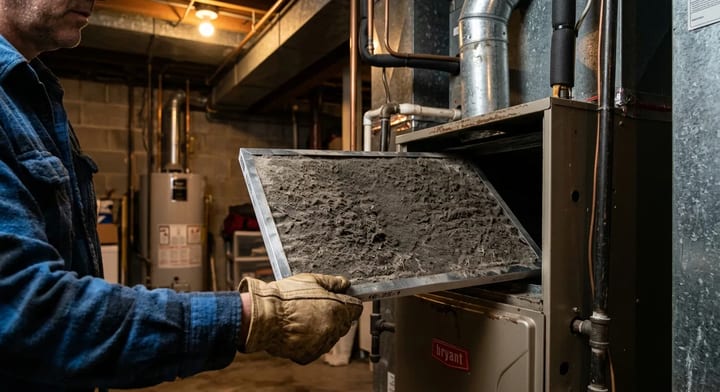 A homeowner pulling a dirty air filter out of a furnace