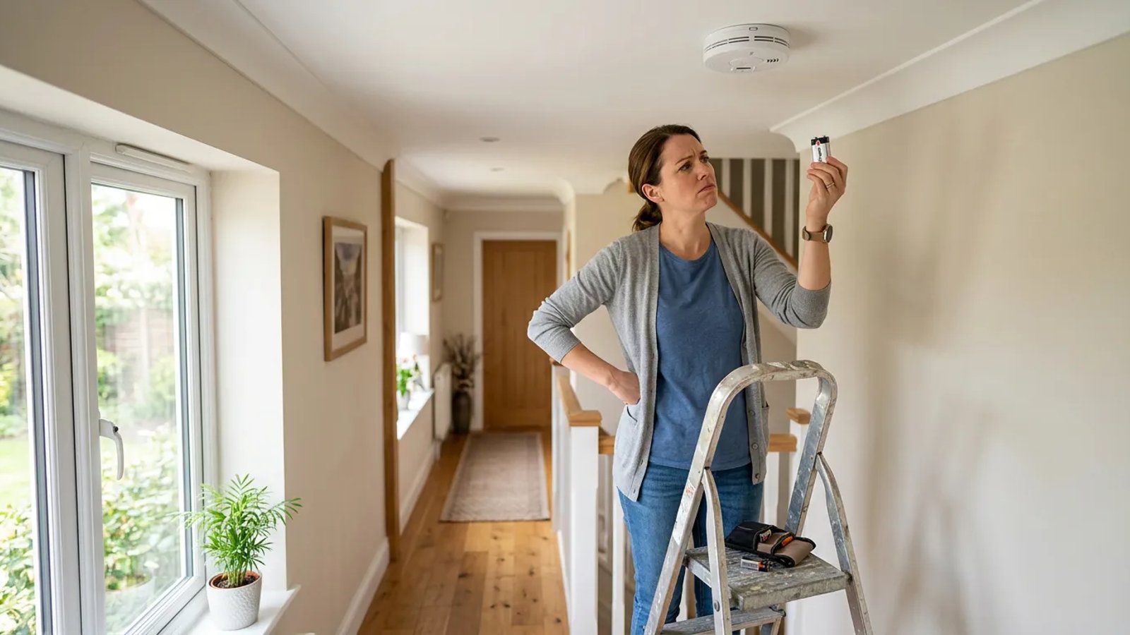 Frustrated homeowner standing on a step stool looking up at a chirping smoke detector