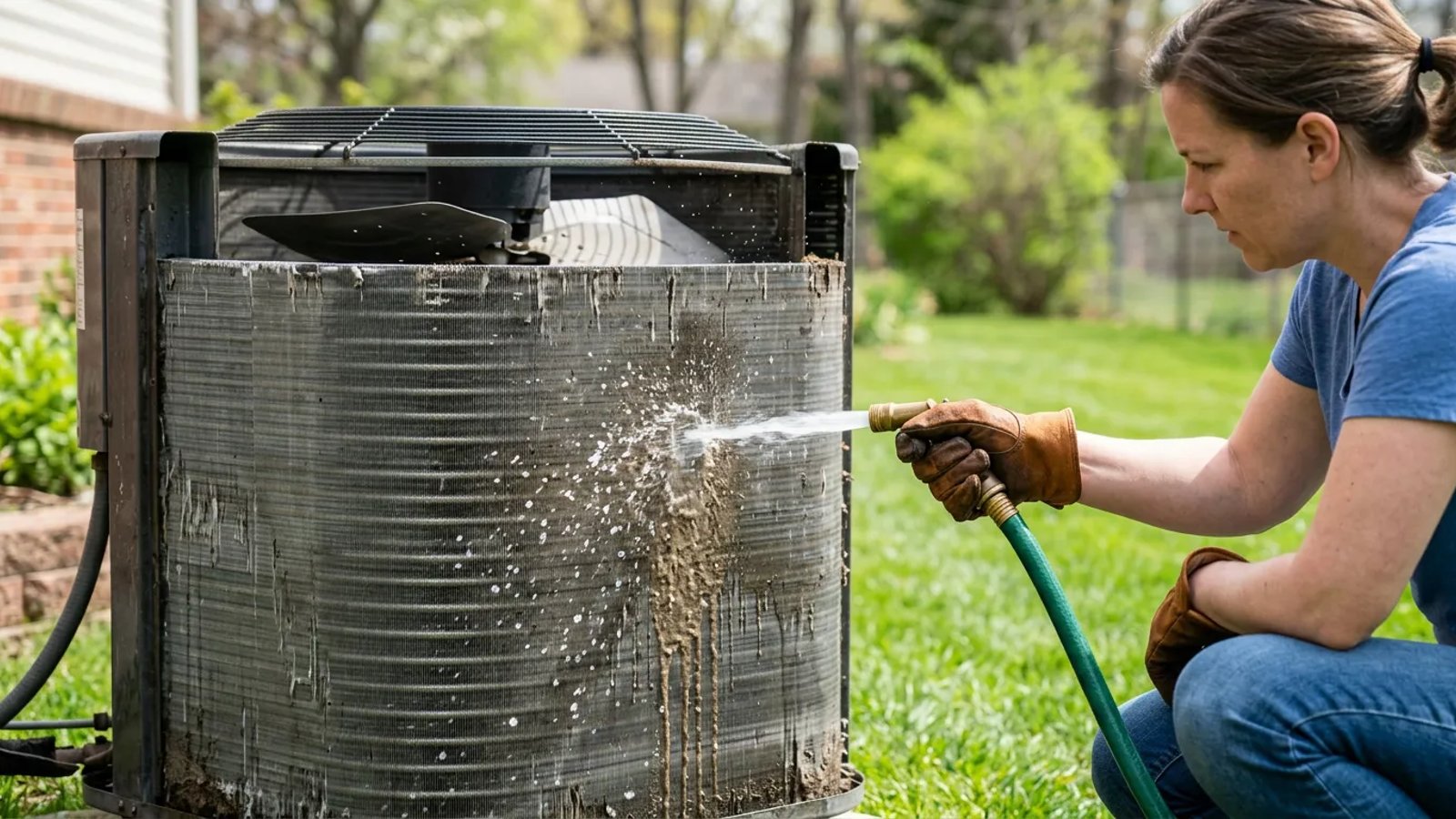 Homeowner using a garden hose to clean the inside of an AC condenser unit.