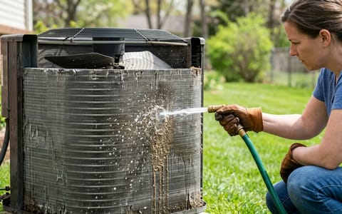 Homeowner using a garden hose to clean the inside of an AC condenser unit.
