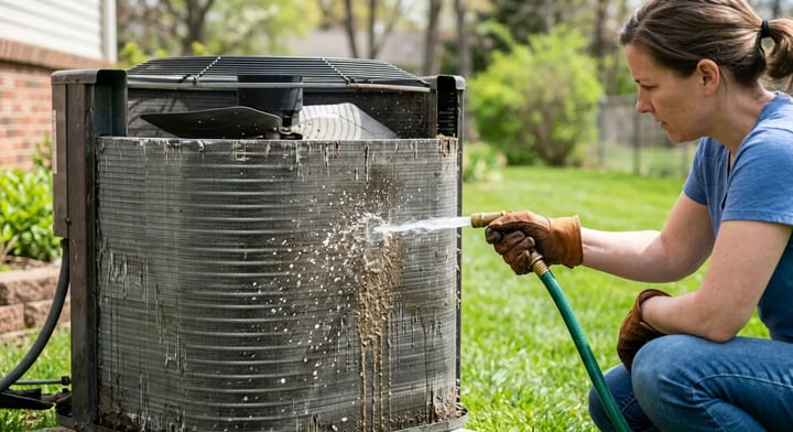 Homeowner using a garden hose to clean the inside of an AC condenser unit.