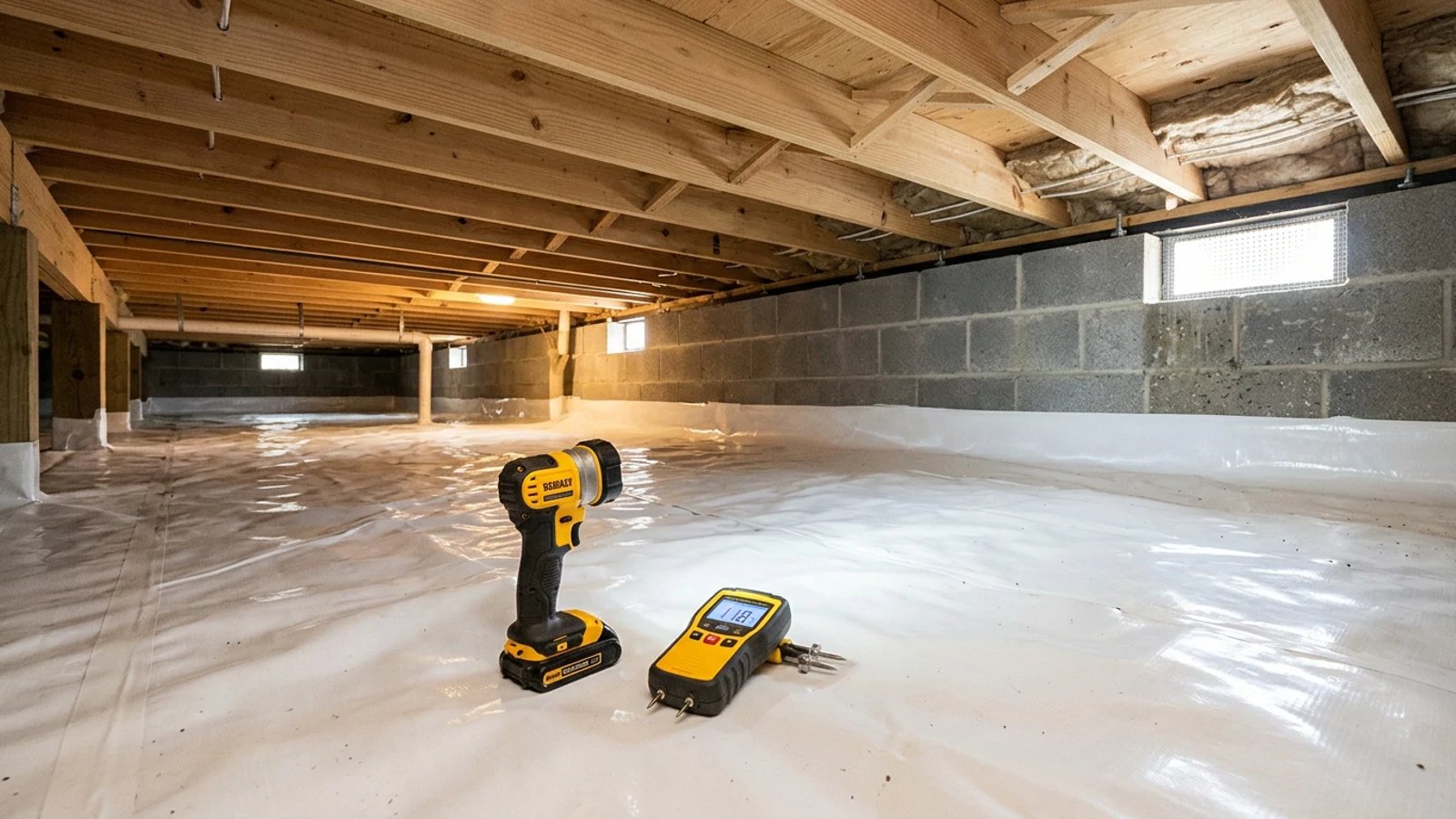 A clean, well-maintained crawl space with a white vapor barrier and visible wooden floor joists.
