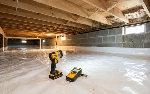 A clean, well-maintained crawl space with a white vapor barrier and visible wooden floor joists.