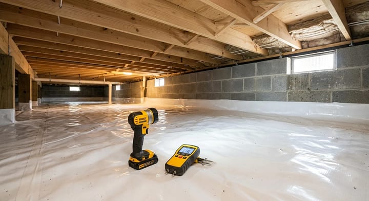A clean, well-maintained crawl space with a white vapor barrier and visible wooden floor joists.