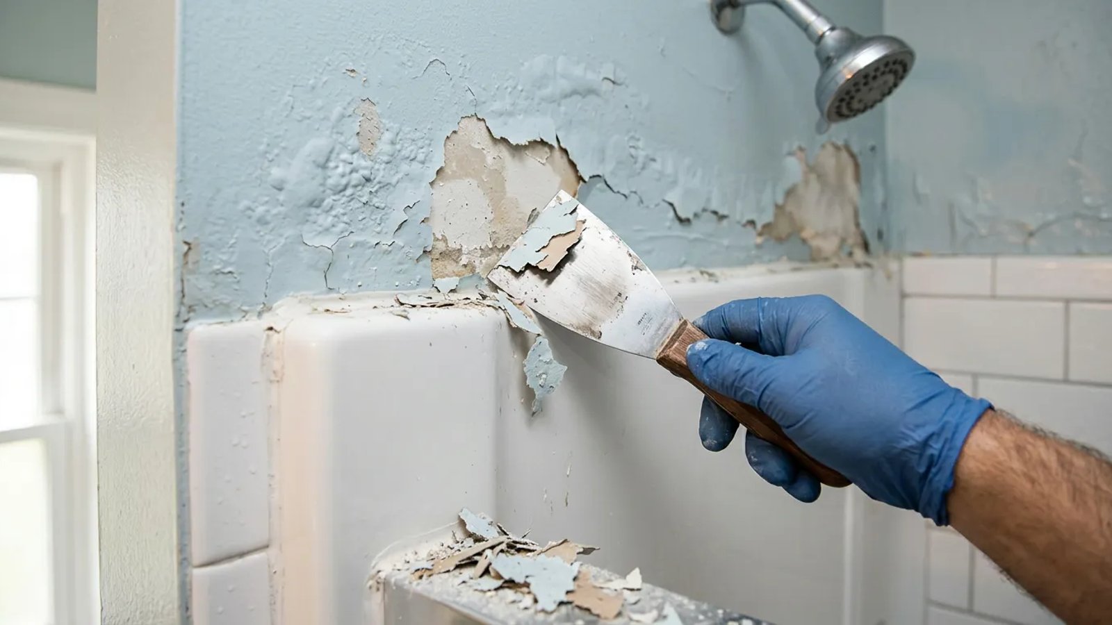 Scraping peeling paint from the drywall above a shower surround