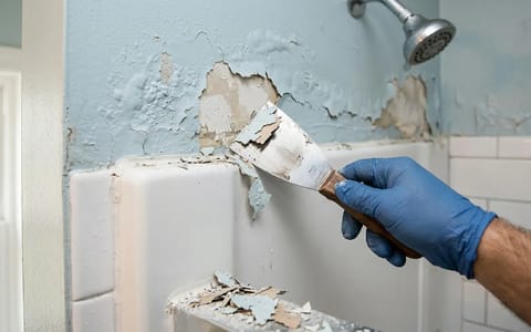 Scraping peeling paint from the drywall above a shower surround