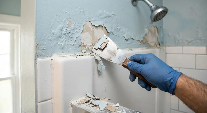 Scraping peeling paint from the drywall above a shower surround