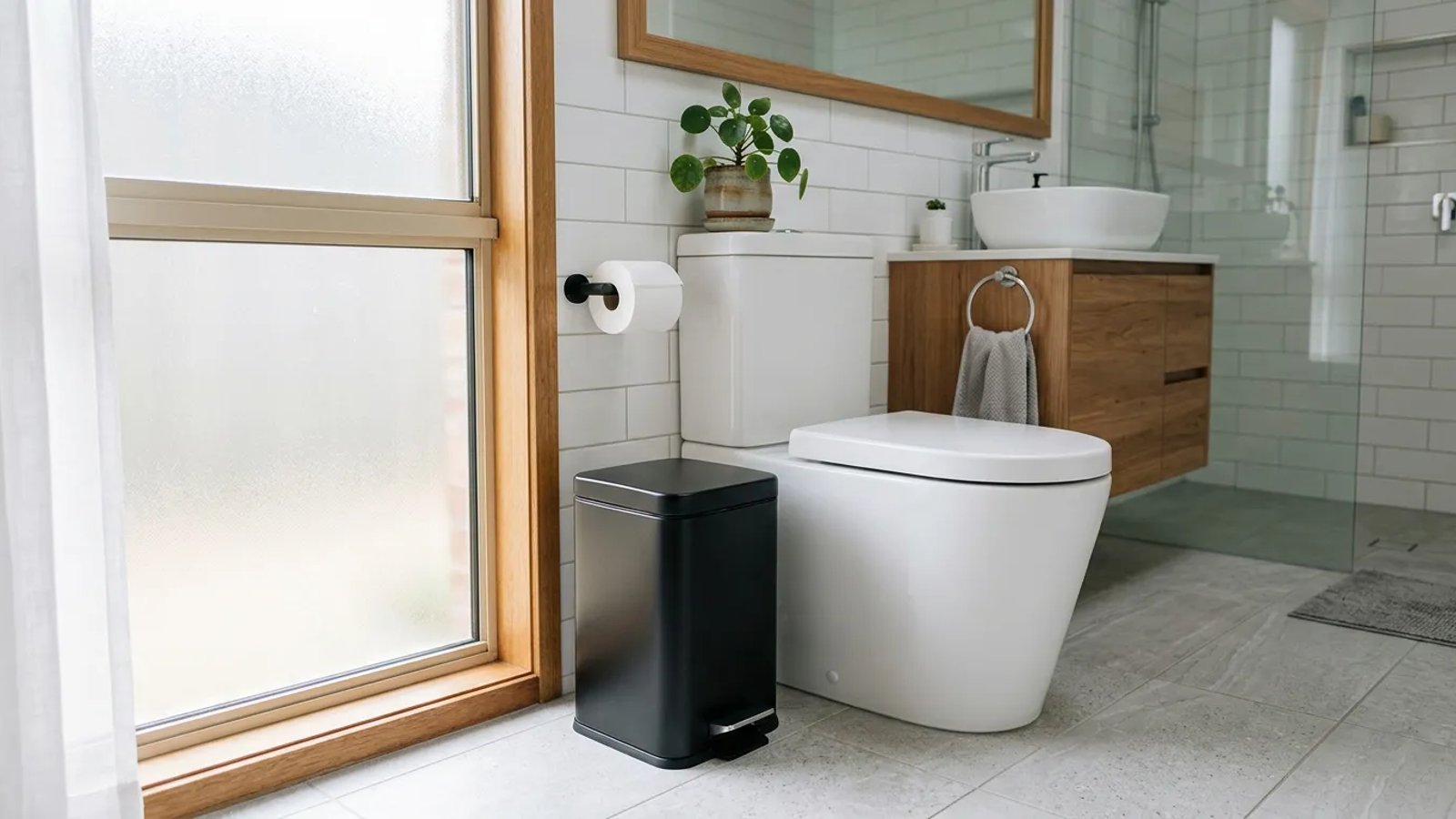 A modern bathroom showing a trash can placed next to the toilet to discourage flushing non-degradable items.
