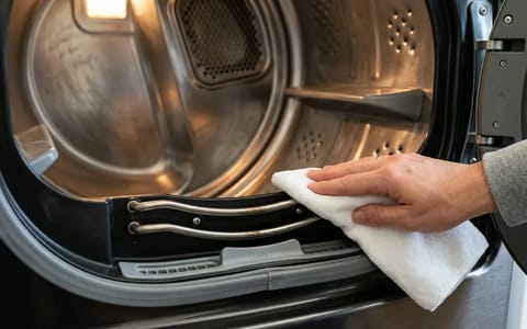 Close-up of dryer moisture sensor bars being cleaned with a microfiber cloth