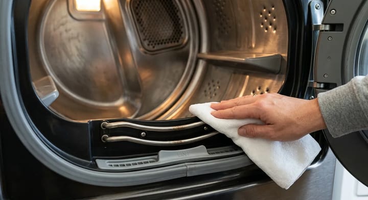 Close-up of dryer moisture sensor bars being cleaned with a microfiber cloth