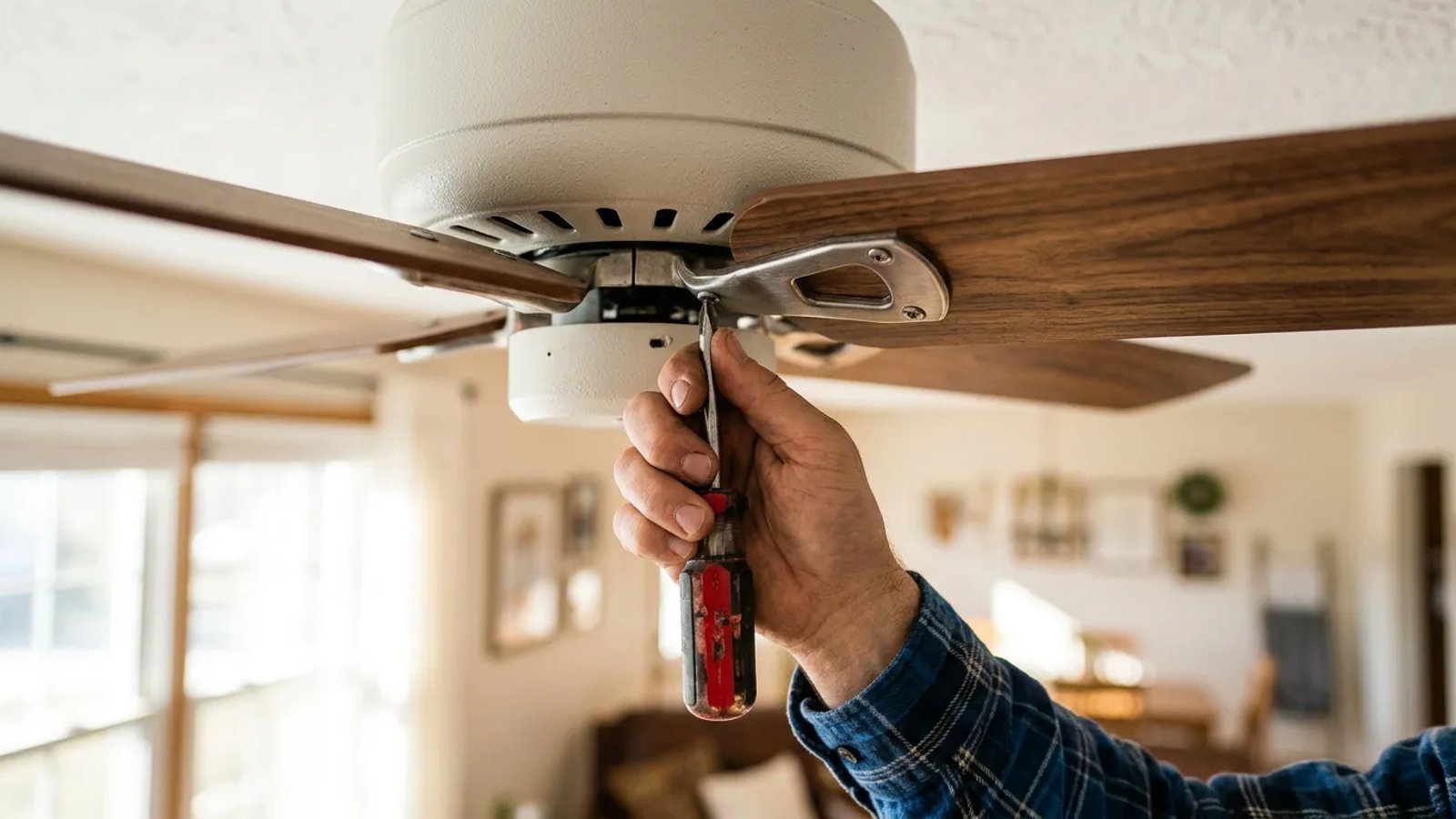 Tightening the metal blade iron screws on a ceiling fan to stop clicking noises.
