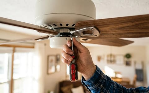 Tightening the metal blade iron screws on a ceiling fan to stop clicking noises.