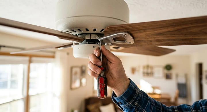 Tightening the metal blade iron screws on a ceiling fan to stop clicking noises.