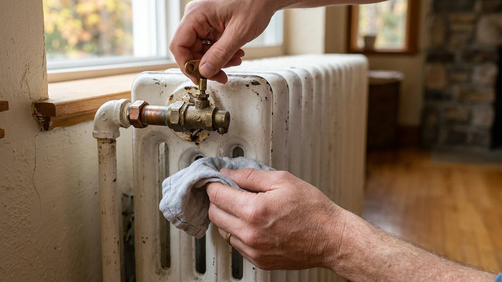 Hands using a radiator key to bleed a white cast-iron radiator
