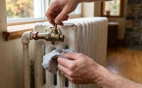 Hands using a radiator key to bleed a white cast-iron radiator