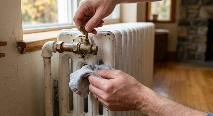 Hands using a radiator key to bleed a white cast-iron radiator