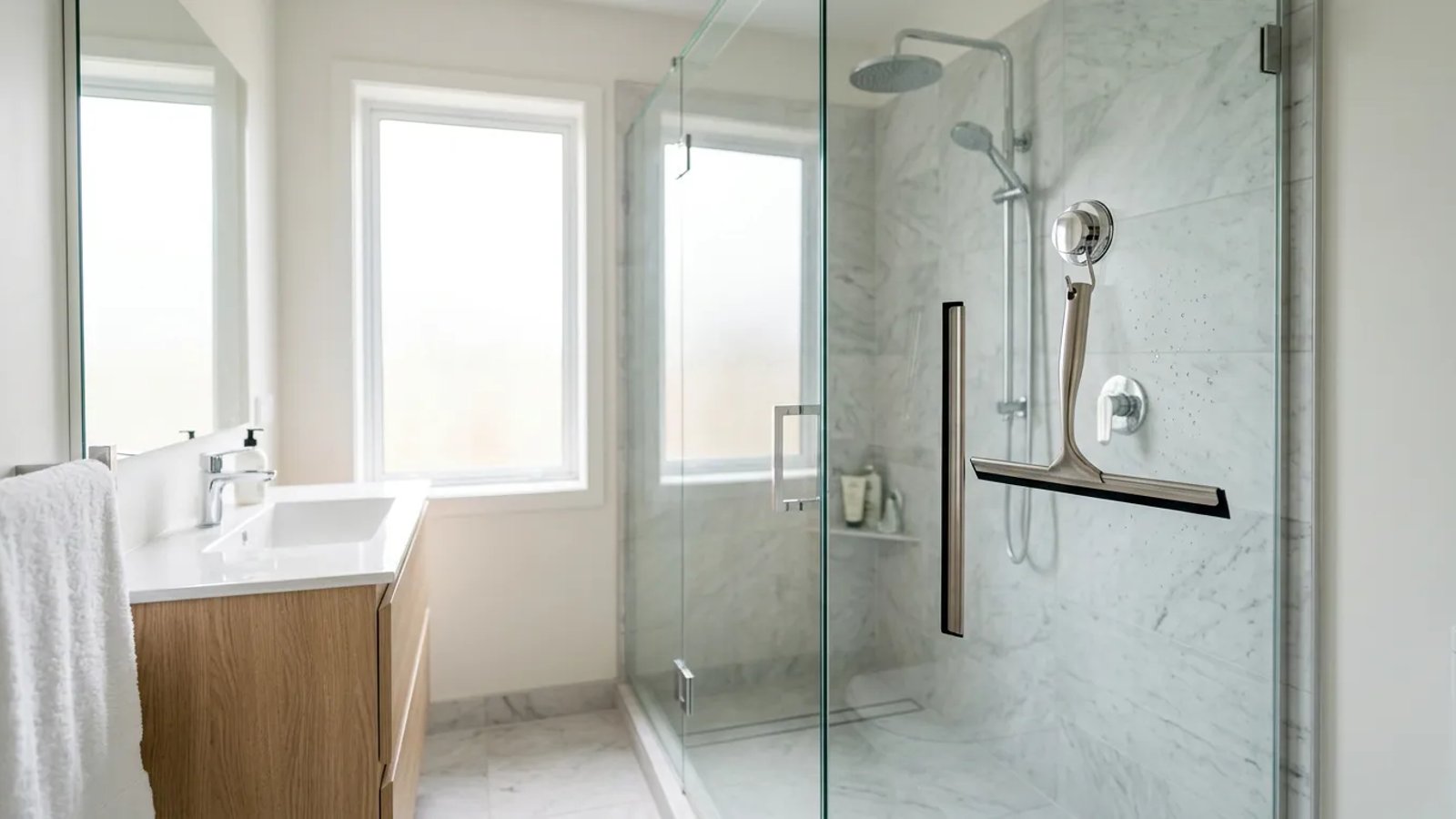 A sparkling clean frameless glass shower door in a modern bathroom with a squeegee hanging inside.
