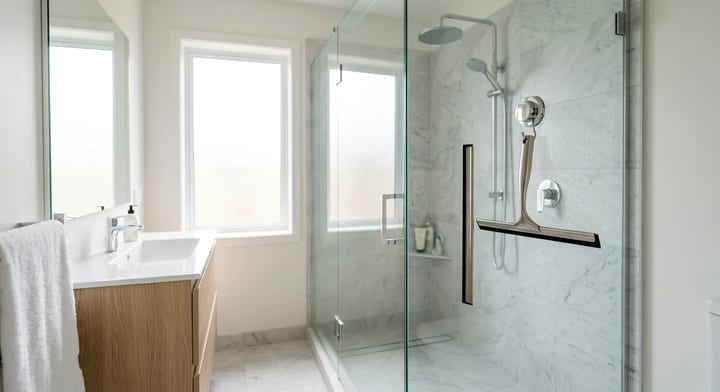 A sparkling clean frameless glass shower door in a modern bathroom with a squeegee hanging inside.
