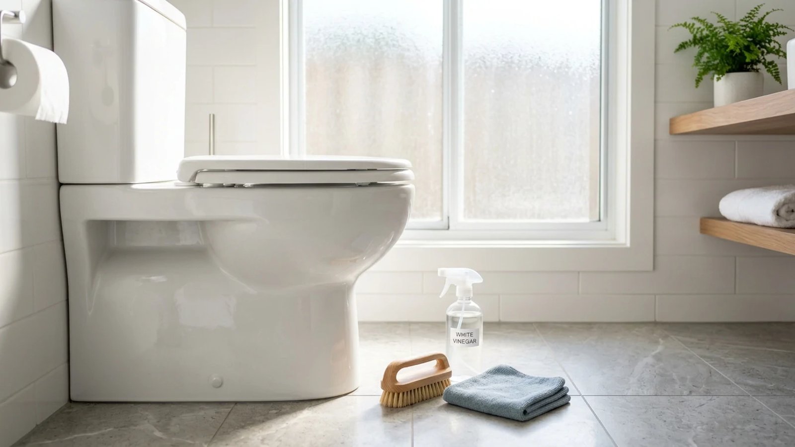 A clean white toilet bowl next to natural cleaning supplies like vinegar and a scrub brush.