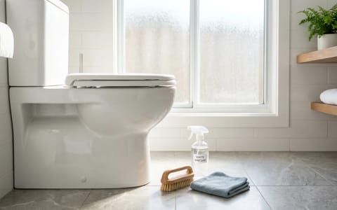 A clean white toilet bowl next to natural cleaning supplies like vinegar and a scrub brush.
