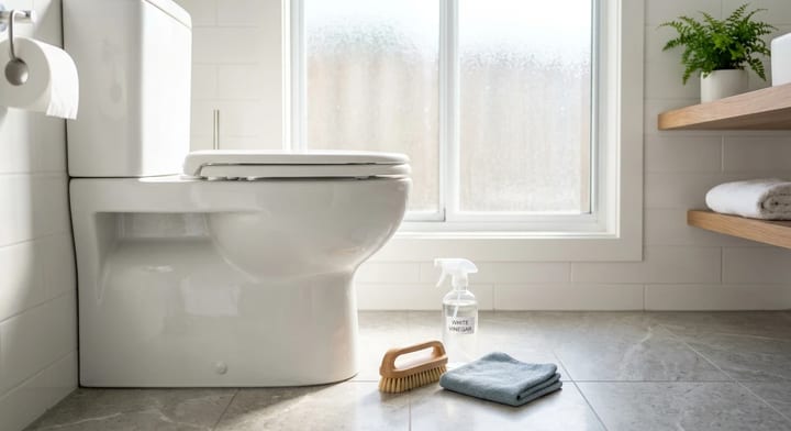 A clean white toilet bowl next to natural cleaning supplies like vinegar and a scrub brush.