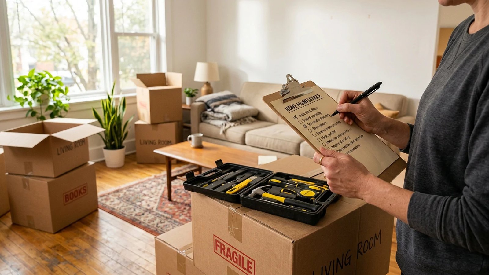 Homeowner checking off a clipboard next to moving boxes in a new house