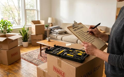 Homeowner checking off a clipboard next to moving boxes in a new house