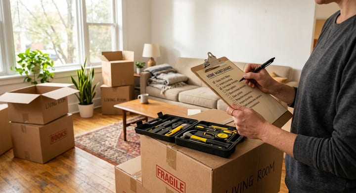 Homeowner checking off a clipboard next to moving boxes in a new house