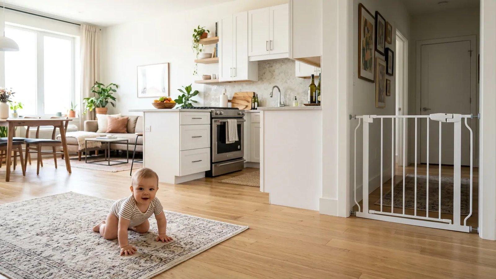 A cleanly baby-proofed rental apartment featuring a pressure-mounted gate and secure cabinets.