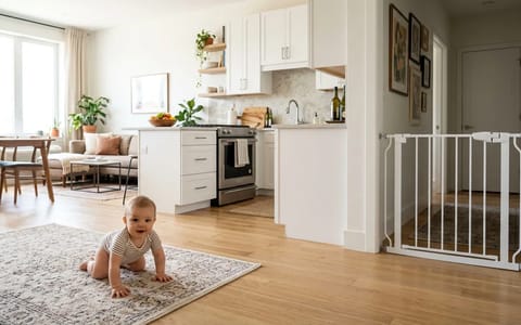 A cleanly baby-proofed rental apartment featuring a pressure-mounted gate and secure cabinets.