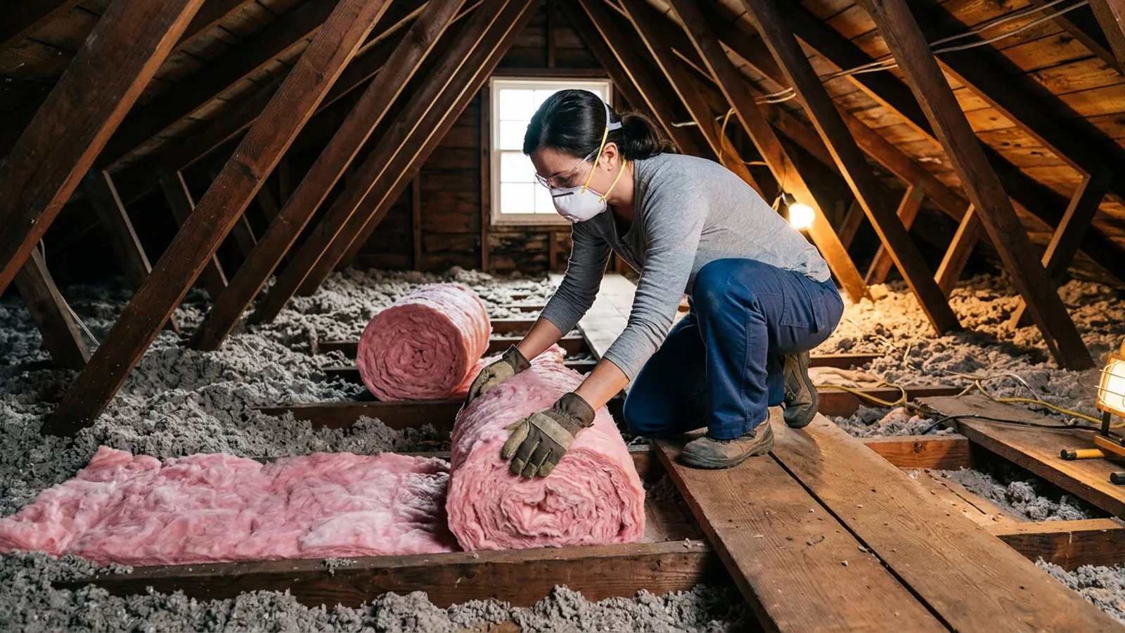 Homeowner rolling out new fiberglass batts over existing blown-in attic insulation