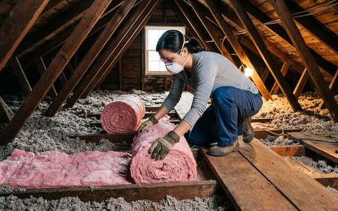 Homeowner rolling out new fiberglass batts over existing blown-in attic insulation