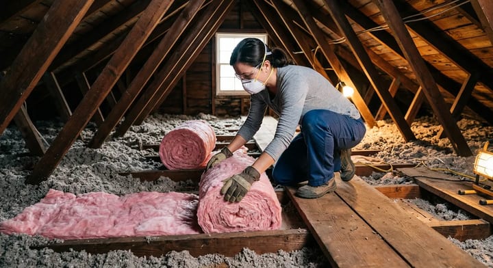 Homeowner rolling out new fiberglass batts over existing blown-in attic insulation