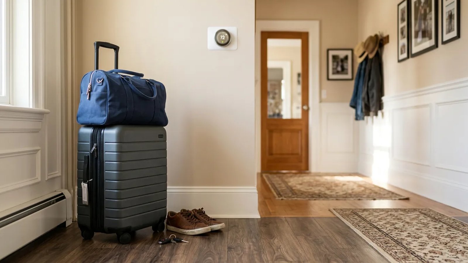 A packed suitcase sitting by the front door ready for a summer vacation