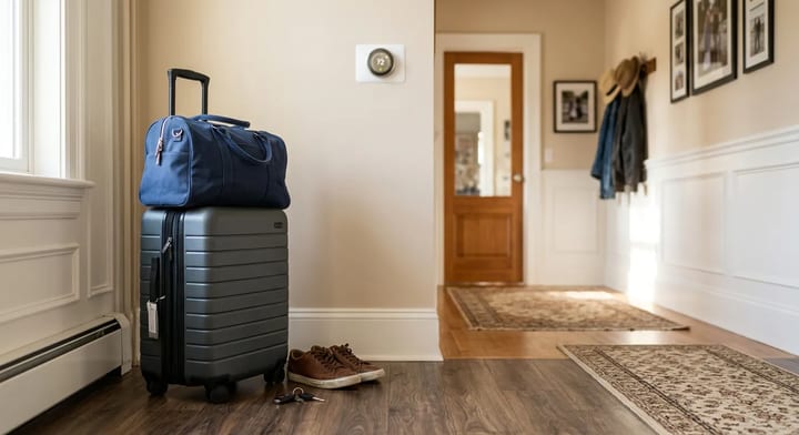 A packed suitcase sitting by the front door ready for a summer vacation