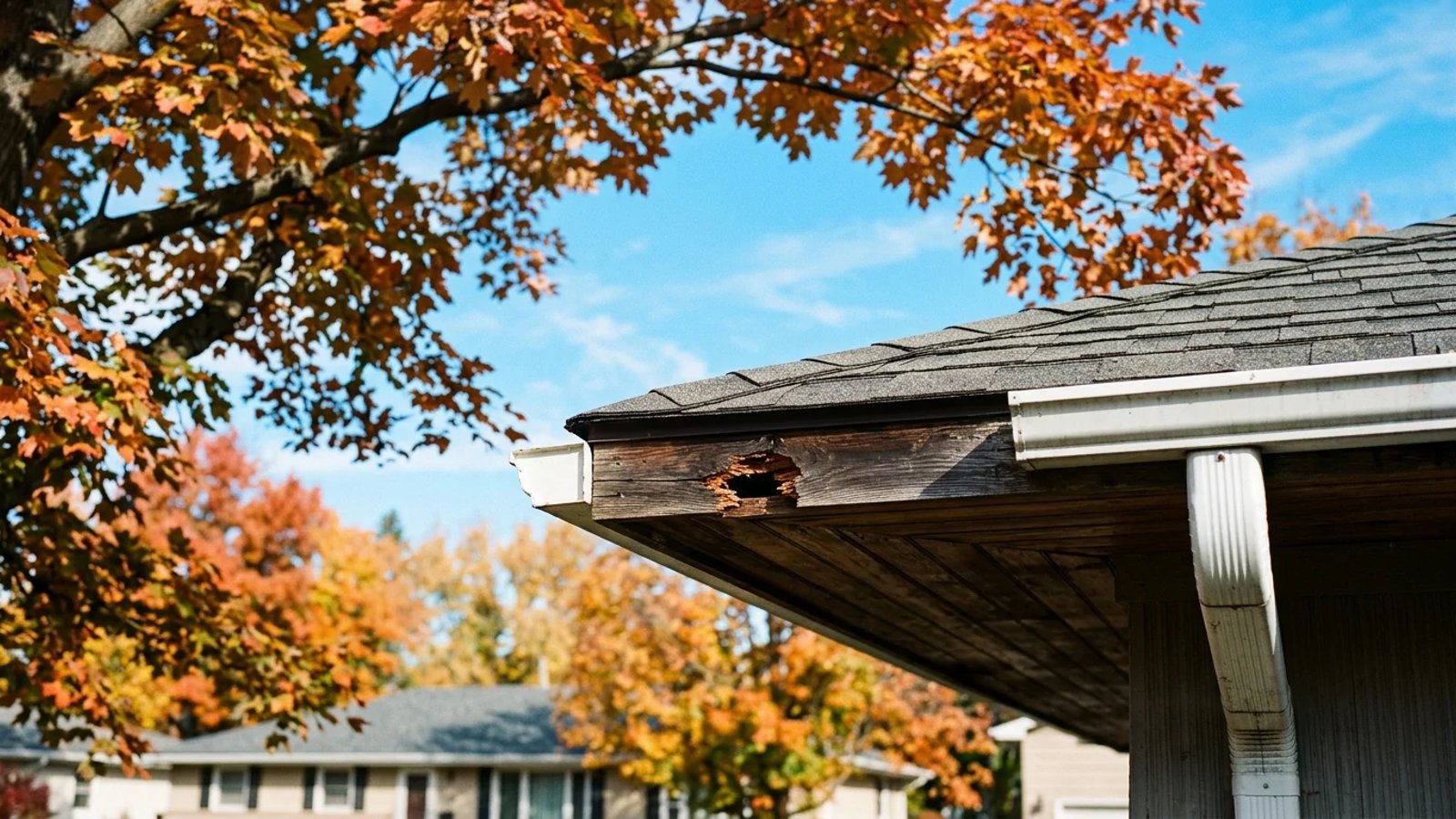 A gap in a home's wooden soffit where squirrels have chewed their way into the attic.