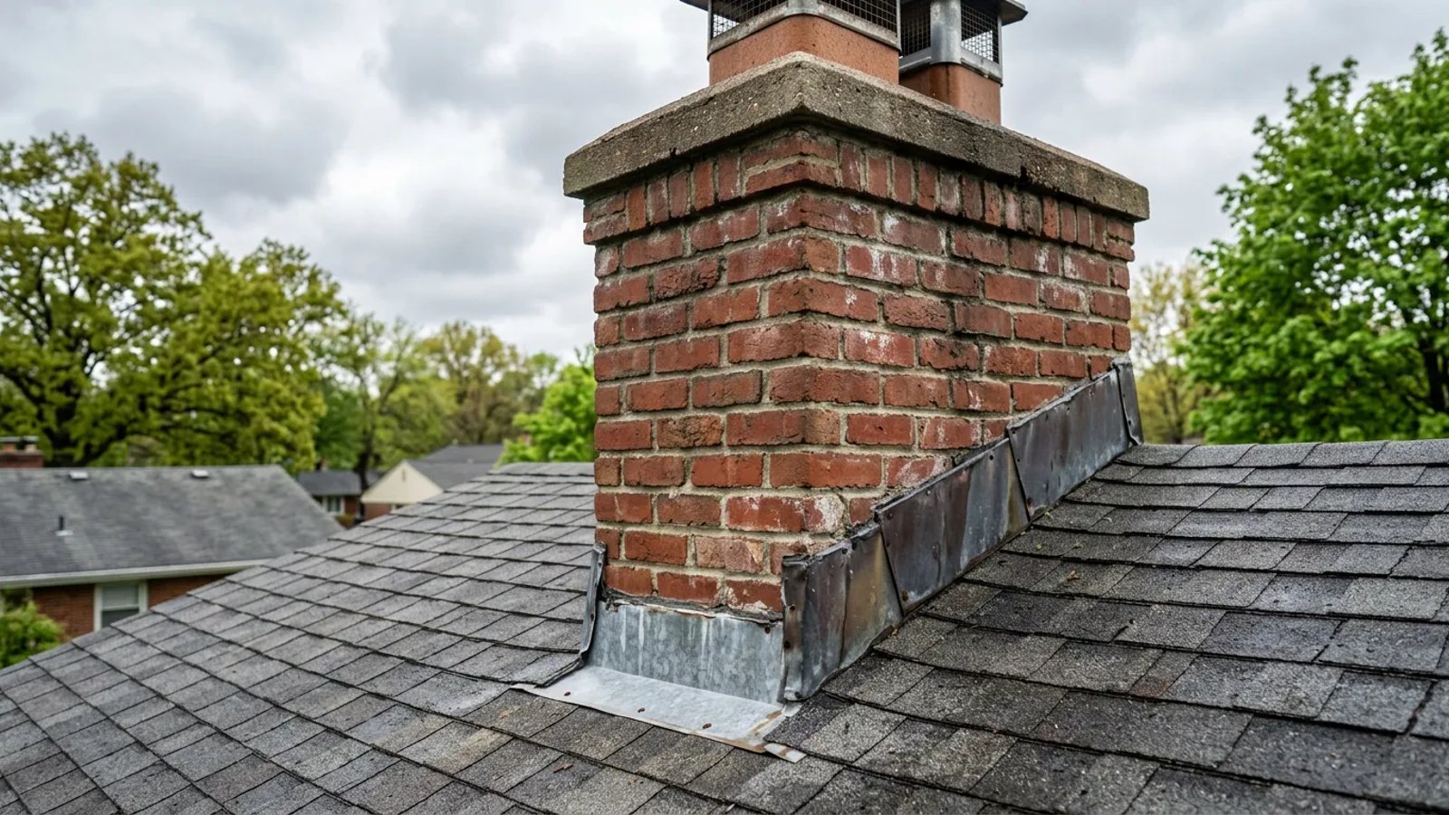 Close-up of metal flashing around a brick chimney on an asphalt shingle roof