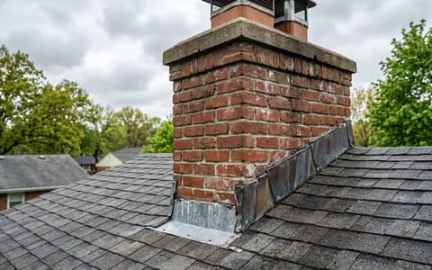 Close-up of metal flashing around a brick chimney on an asphalt shingle roof
