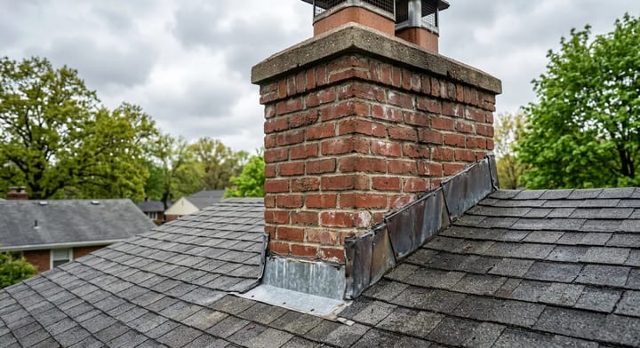Close-up of metal flashing around a brick chimney on an asphalt shingle roof