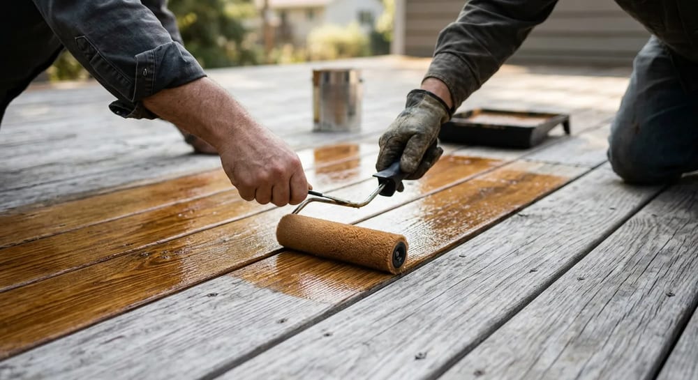 Sealing a wood deck protects it from sun and water damage.