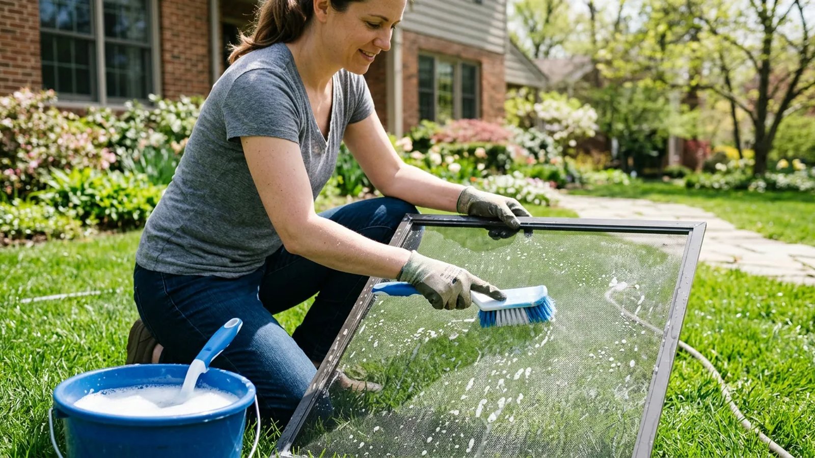Person washing a window screen on the grass with a soft brush