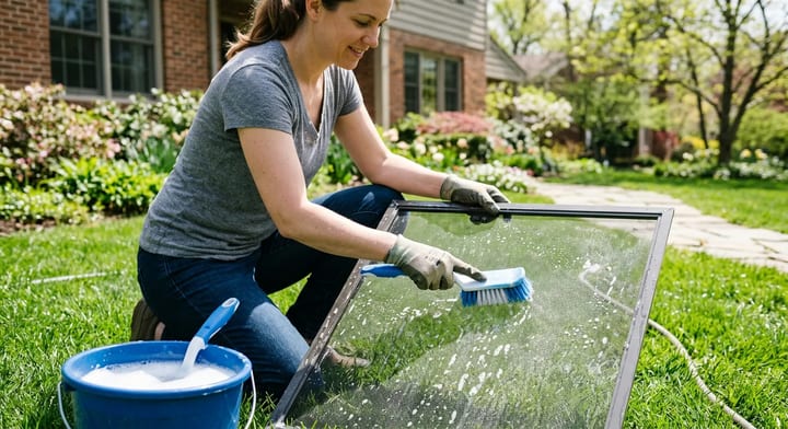 Person washing a window screen on the grass with a soft brush