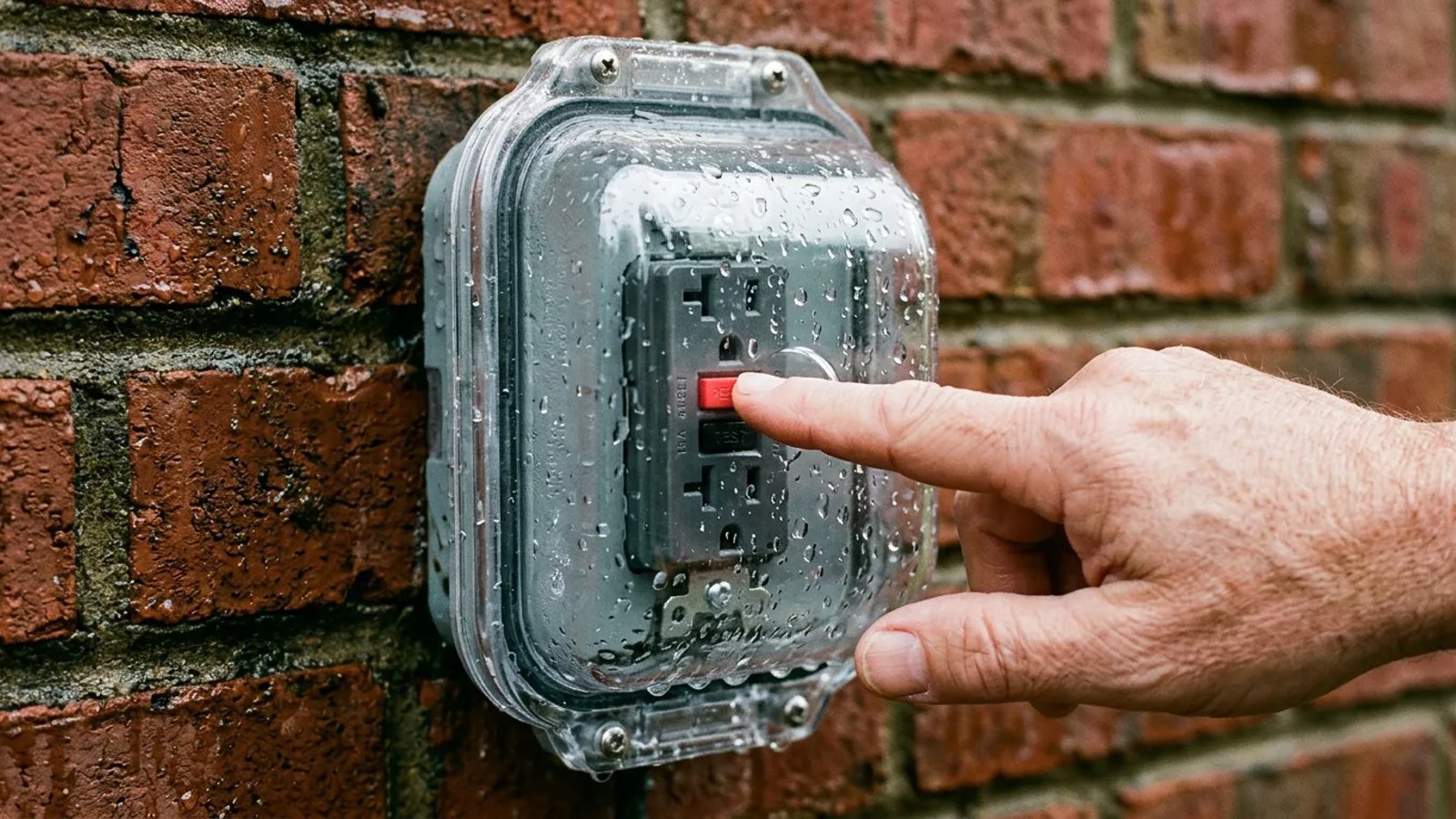 A hand pressing the reset button on a wet outdoor GFCI outlet with a clear weather cover.