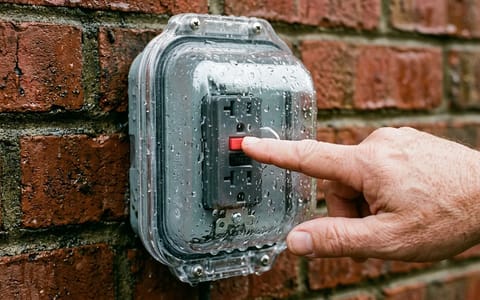 A hand pressing the reset button on a wet outdoor GFCI outlet with a clear weather cover.