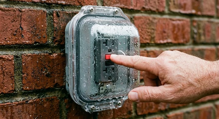 A hand pressing the reset button on a wet outdoor GFCI outlet with a clear weather cover.