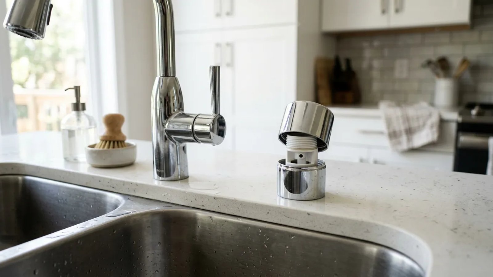 Close-up of a kitchen sink countertop air gap being inspected to fix a dishwasher drainage issue.