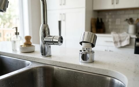 Close-up of a kitchen sink countertop air gap being inspected to fix a dishwasher drainage issue.