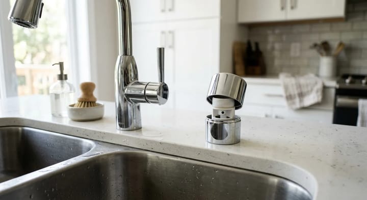 Close-up of a kitchen sink countertop air gap being inspected to fix a dishwasher drainage issue.